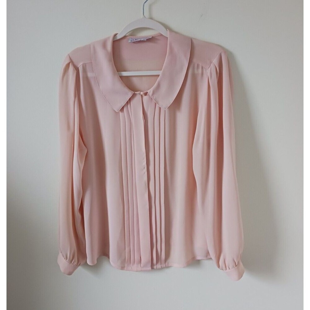 Laura And Jayne Women's Button Up Long Sleeve Sheer Pleated Peach Blouse Size 10